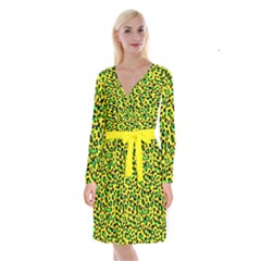 Yellow and green, neon leopard spots pattern Long Sleeve Velvet Front Wrap Dress