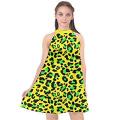 Yellow and green, neon leopard spots pattern Halter Neckline Chiffon Dress 