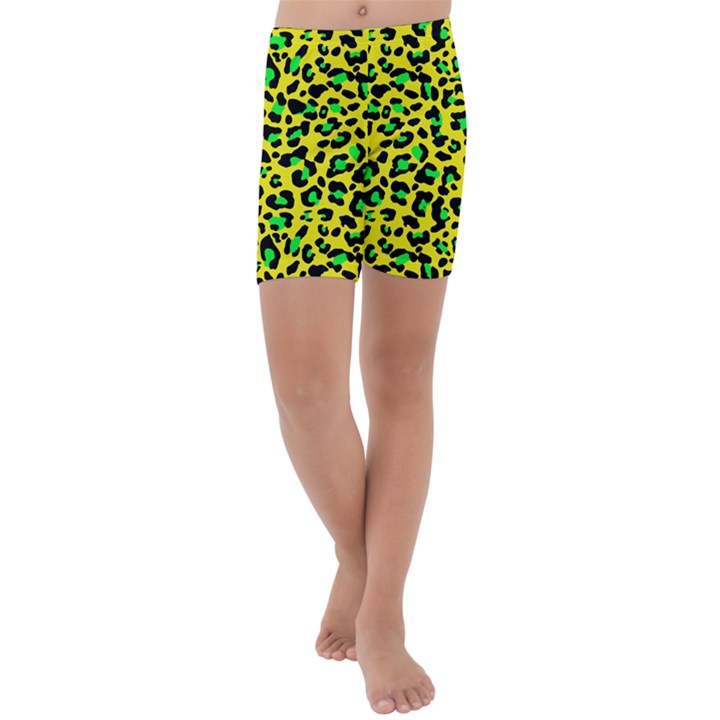 Yellow and green, neon leopard spots pattern Kids  Lightweight Velour Capri Yoga Leggings