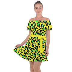 Yellow and green, neon leopard spots pattern Off Shoulder Velour Dress