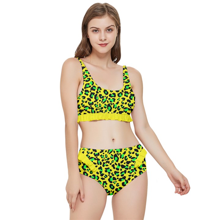 Yellow and green, neon leopard spots pattern Frilly Bikini Set