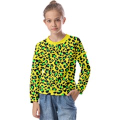 Yellow and green, neon leopard spots pattern Kids  Long Sleeve Tee with Frill 