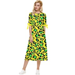 Yellow and green, neon leopard spots pattern Bow Sleeve Chiffon Midi Dress