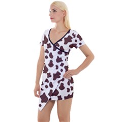 Brown cow spots pattern, animal fur print Short Sleeve Asymmetric Mini Dress