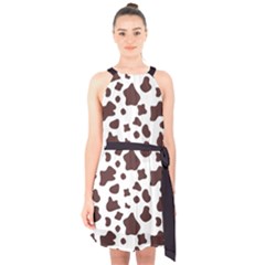 Brown cow spots pattern, animal fur print Halter Collar Waist Tie Chiffon Dress