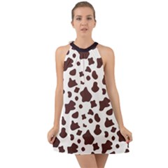 Brown cow spots pattern, animal fur print Halter Tie Back Chiffon Dress