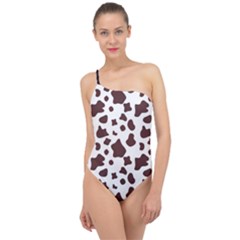 Brown Cow Spots Pattern, Animal Fur Print Classic One Shoulder Swimsuit by Casemiro