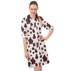 Brown cow spots pattern, animal fur print Long Sleeve Mini Shirt Dress