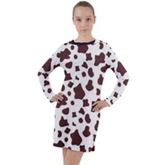 Brown cow spots pattern, animal fur print Long Sleeve Hoodie Dress