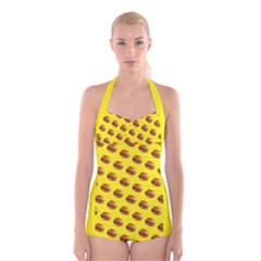 Vector Burgers, fast food sandwitch pattern at yellow Boyleg Halter Swimsuit 