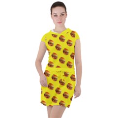 Vector Burgers, fast food sandwitch pattern at yellow Drawstring Hooded Dress