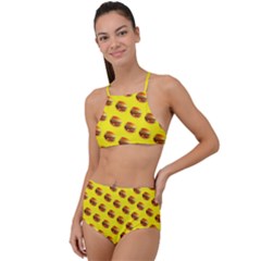 Vector Burgers, fast food sandwitch pattern at yellow High Waist Tankini Set