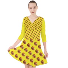 Vector Burgers, fast food sandwitch pattern at yellow Quarter Sleeve Front Wrap Dress