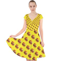 Vector Burgers, Fast Food Sandwitch Pattern At Yellow Cap Sleeve Front Wrap Midi Dress by Casemiro