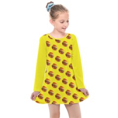 Vector Burgers, fast food sandwitch pattern at yellow Kids  Long Sleeve Dress