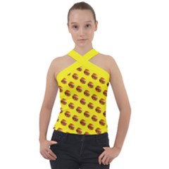 Vector Burgers, Fast Food Sandwitch Pattern At Yellow Cross Neck Velour Top by Casemiro