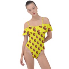 Vector Burgers, fast food sandwitch pattern at yellow Frill Detail One Piece Swimsuit