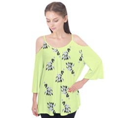 Black and white vector flowers at canary yellow Flutter Sleeve Tee 