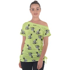 Black and white vector flowers at canary yellow Off Shoulder Tie-Up Tee