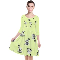 Black and white vector flowers at canary yellow Quarter Sleeve Waist Band Dress