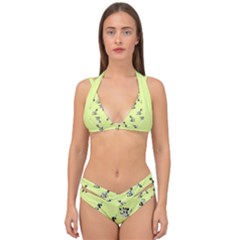 Black and white vector flowers at canary yellow Double Strap Halter Bikini Set