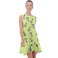 Black and white vector flowers at canary yellow Frill Swing Dress