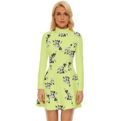 Black and white vector flowers at canary yellow Long Sleeve Velour Longline Dress