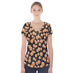 Orange Dandelions On A Dark Background Short Sleeve Front Detail Top by SychEva