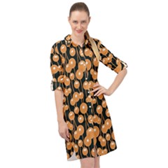 Orange Dandelions On A Dark Background Long Sleeve Mini Shirt Dress by SychEva