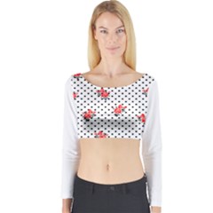 Red Vector Roses And Black Polka Dots Pattern Long Sleeve Crop Top