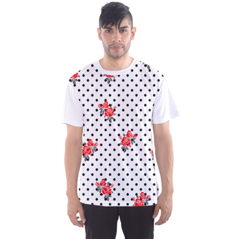 Red Vector Roses And Black Polka Dots Pattern Men s Sport Mesh Tee by Casemiro