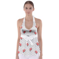 Red Vector Roses And Black Polka Dots Pattern Babydoll Tankini Top by Casemiro