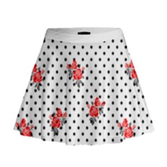 Red Vector Roses And Black Polka Dots Pattern Mini Flare Skirt by Casemiro