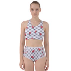 Red Vector Roses And Black Polka Dots Pattern Racer Back Bikini Set by Casemiro