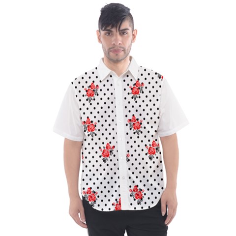 Red Vector Roses And Black Polka Dots Pattern Men s Short Sleeve Shirt by Casemiro