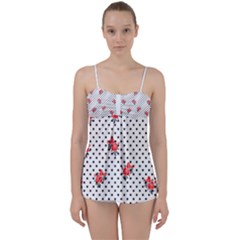 Red Vector Roses And Black Polka Dots Pattern Babydoll Tankini Set by Casemiro