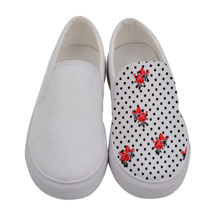 Red vector roses and black polka dots pattern Women s Canvas Slip Ons