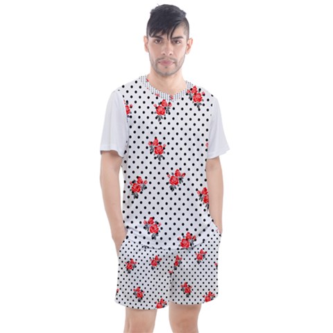 Red Vector Roses And Black Polka Dots Pattern Men s Mesh Tee And Shorts Set by Casemiro