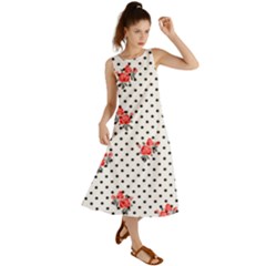 Red Vector Roses And Black Polka Dots Pattern Summer Maxi Dress by Casemiro