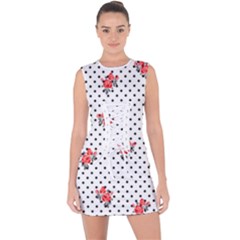 Red Vector Roses And Black Polka Dots Pattern Lace Up Front Bodycon Dress by Casemiro