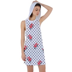 Red Vector Roses And Black Polka Dots Pattern Racer Back Hoodie Dress by Casemiro