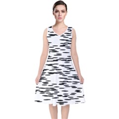 Black And White Abstract Pattern, Ovals V-neck Midi Sleeveless Dress  by Casemiro
