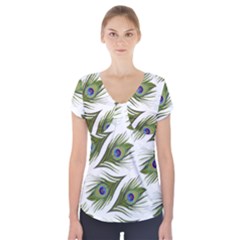 Peacock Feather Short Sleeve Front Detail Top