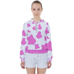 Pink Cow Spots, Large Version, Animal Fur Print In Pastel Colors Women s Tie Up Sweat by Casemiro