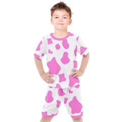 Pink Cow Spots, Large Version, Animal Fur Print In Pastel Colors Kids  Tee And Shorts Set
