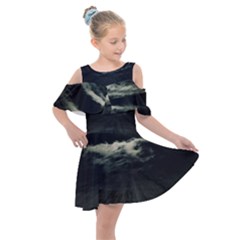 Dark Night Landscape Scene Kids  Shoulder Cutout Chiffon Dress