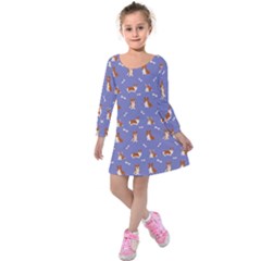 Cute Corgi Dogs Kids  Long Sleeve Velvet Dress by SychEva