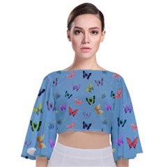 Multicolored Butterflies Whirl Tie Back Butterfly Sleeve Chiffon Top by SychEva