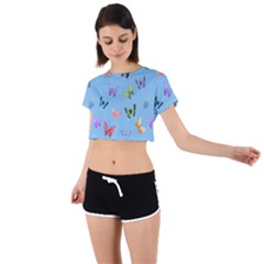 Multicolored Butterflies Whirl Tie Back Short Sleeve Crop Tee by SychEva