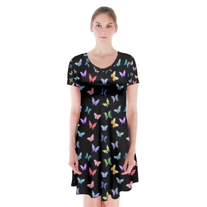 Bright And Beautiful Butterflies Short Sleeve V-neck Flare Dress